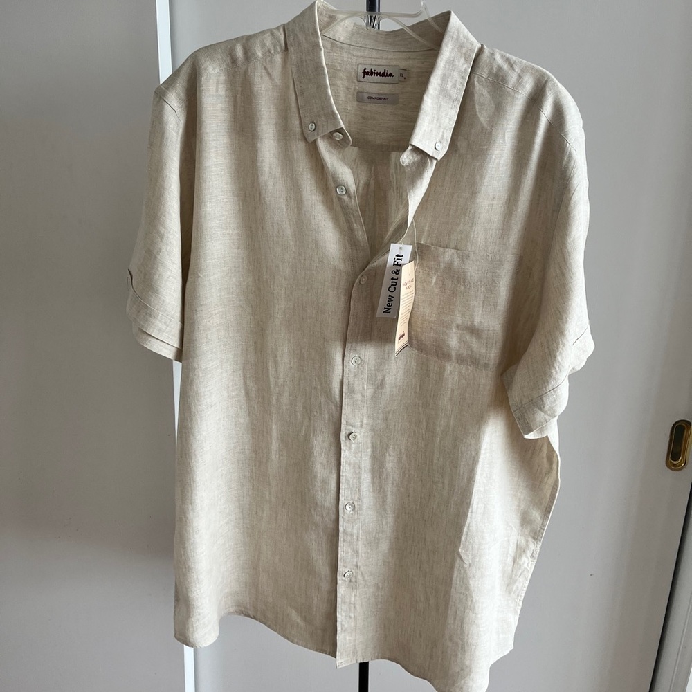 NWT Fabindia men's Natural Linen Casual Shirt relaxed  short sleeve - Sz Large